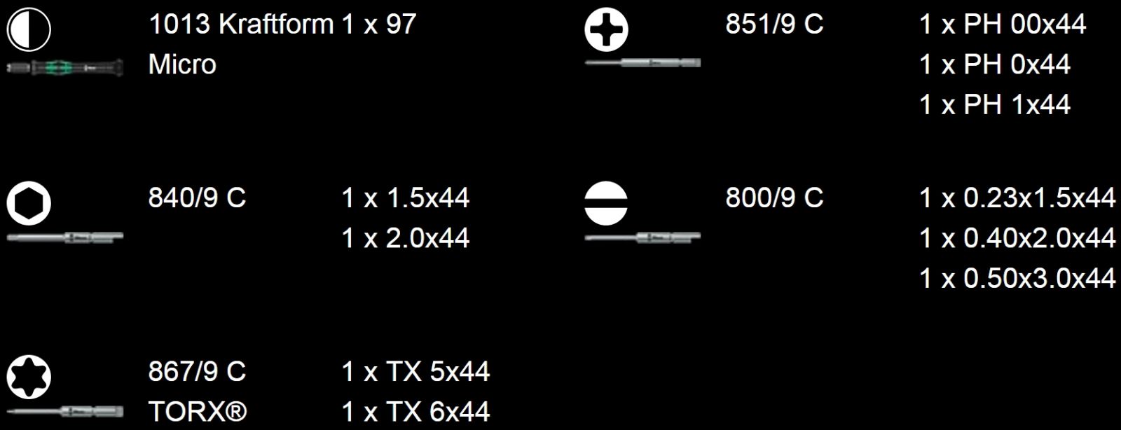 ידית מברג לאלקטרוניקה עם ביטים וורה WERA KRAFTFORM KOMPAKT MICRO 11 5135938001 מידות